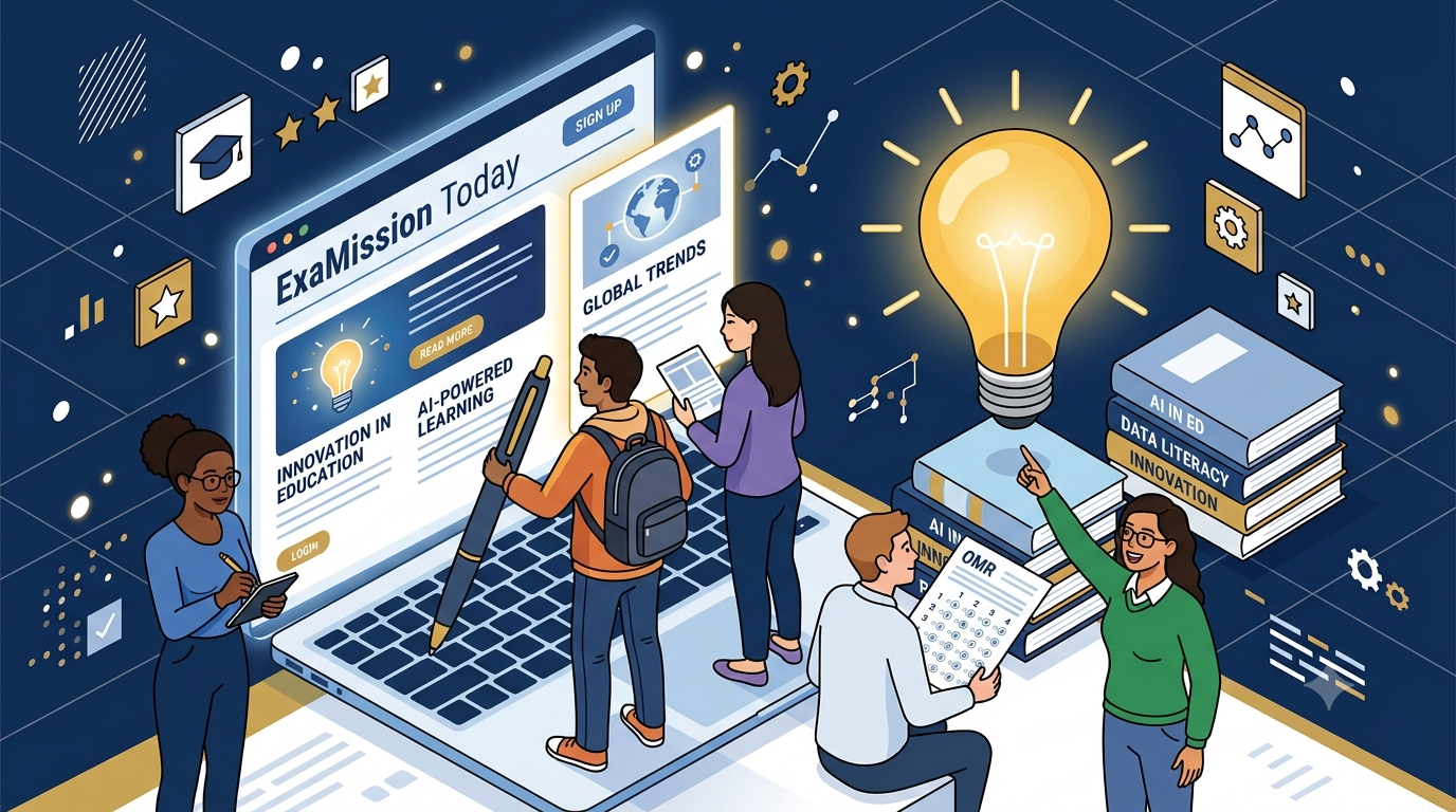 Diverse students interacting with digital study guides and educational articles on the ExaMission blog.