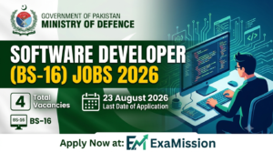 Promotional banner for Government of Pakistan Ministry of Defence Software Developer (BS-16) recruitment 2026, featuring 4 vacancies, last date 23 August 2026, a developer coding at a computer station, and ExaMission branding.