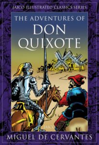 Book cover for Adventures of Don Quixote by Miguel de Cervantes featuring a classic illustration of a knight in armor on horseback with windmills in the background