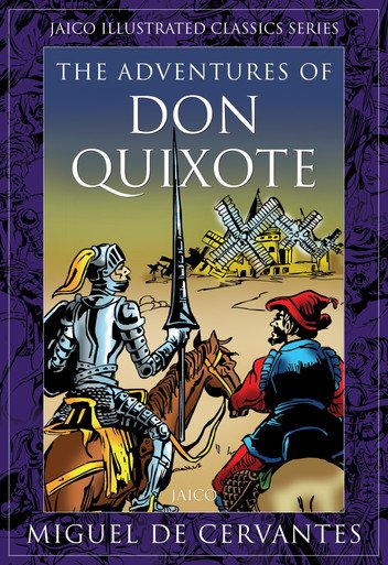 Book cover for Adventures of Don Quixote by Miguel de Cervantes featuring a classic illustration of a knight in armor on horseback with windmills in the background