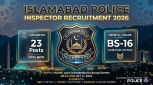 Official FPSC job banner for Inspector BS-16 positions in Islamabad Capital Territory Police showing 23 vacancies and 31st August 2026 last date.