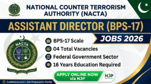 Job posting announcement infographic for National Counter Terrorism Authority (NACTA) Assistant Director (BPS-17) Jobs 2026 in Pakistan. Shows NACTA logo, 04 total vacancies, BPS-17 scale, Federal Government sector, 16 years education required, and "APPLY ONLINE NOW via NJP" call to action.