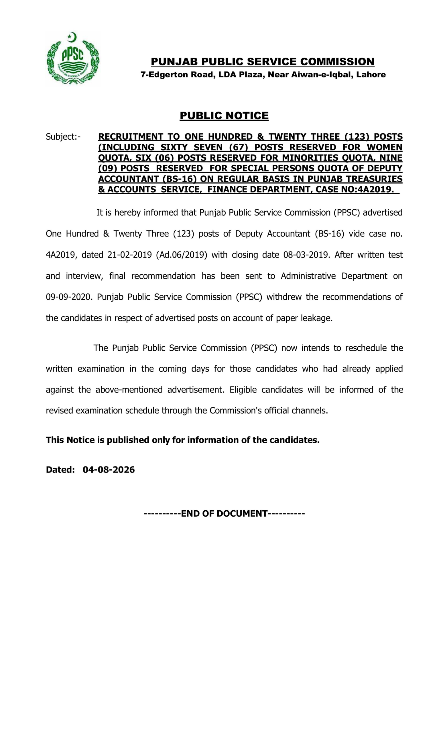 Official PPSC Notification for Deputy Accountant BS-16 Case No 4A2019