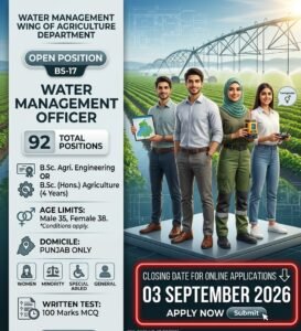 A professional recruitment infographic for the role of Water Management Officer (BS-17) at the Water Management Wing of the Agriculture Department. It features four professionals in a field setting and a clear list of job requirements and the deadline.